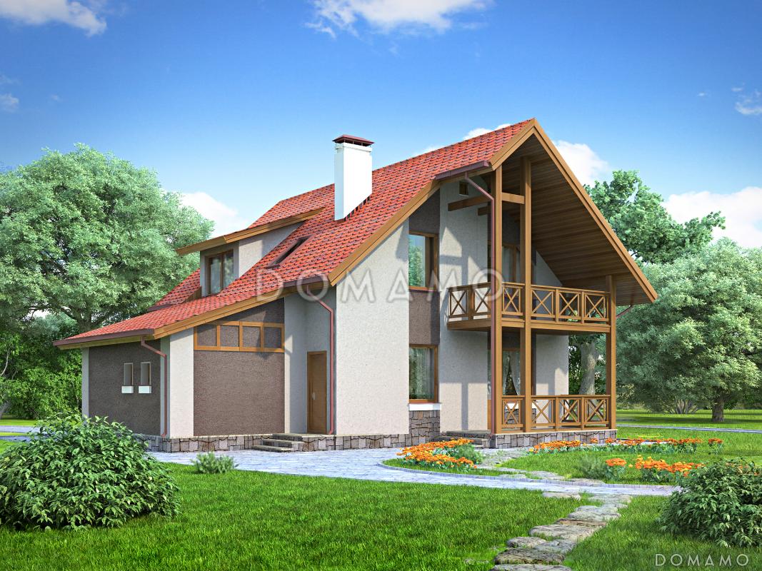 Проект коттеджа с красной двускатной крышей, тремя спальными комнатами, балконом и гаражом / 2