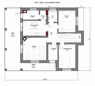 Проект двухэтажного дома с плоской крышей, изолированной кухней-столовой, гостиной с выходом на террасу, гостевой комнатой / План 1 этажа Проект двухэтажного дома с плоской крышей, изолированной кухней-столовой, гостиной с выходом на террасу, гостевой комнатой / План 1 этажа