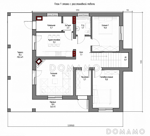 Проект двухэтажного дома с плоской крышей, изолированной кухней-столовой, гостиной с выходом на террасу, гостевой комнатой / План 1 этажа Проект двухэтажного дома с плоской крышей, изолированной кухней-столовой, гостиной с выходом на террасу, гостевой комнатой / План 1 этажа