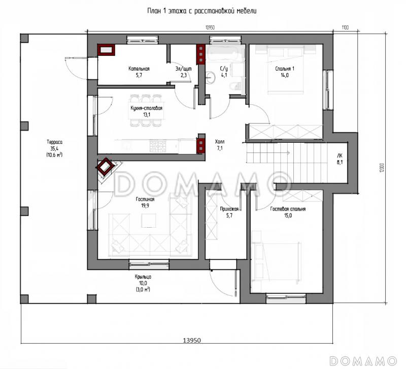 Проект двухэтажного дома с плоской крышей, изолированной кухней-столовой, гостиной с выходом на террасу, гостевой комнатой / План 1 этажа