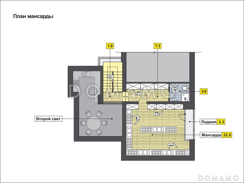 Проект дома с автостоянкой, барбекю на террасе, вторым светом, сауной, лоджией и небольшим балконом / План мансардного этажа