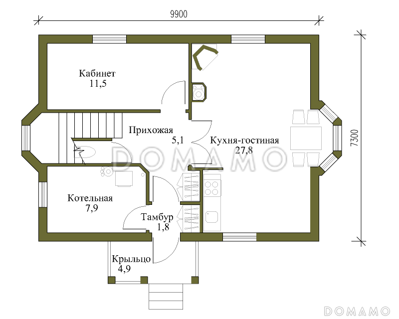 Проект экономичного каркасного коттеджа с увеличенной площадью. / План 1 этажа