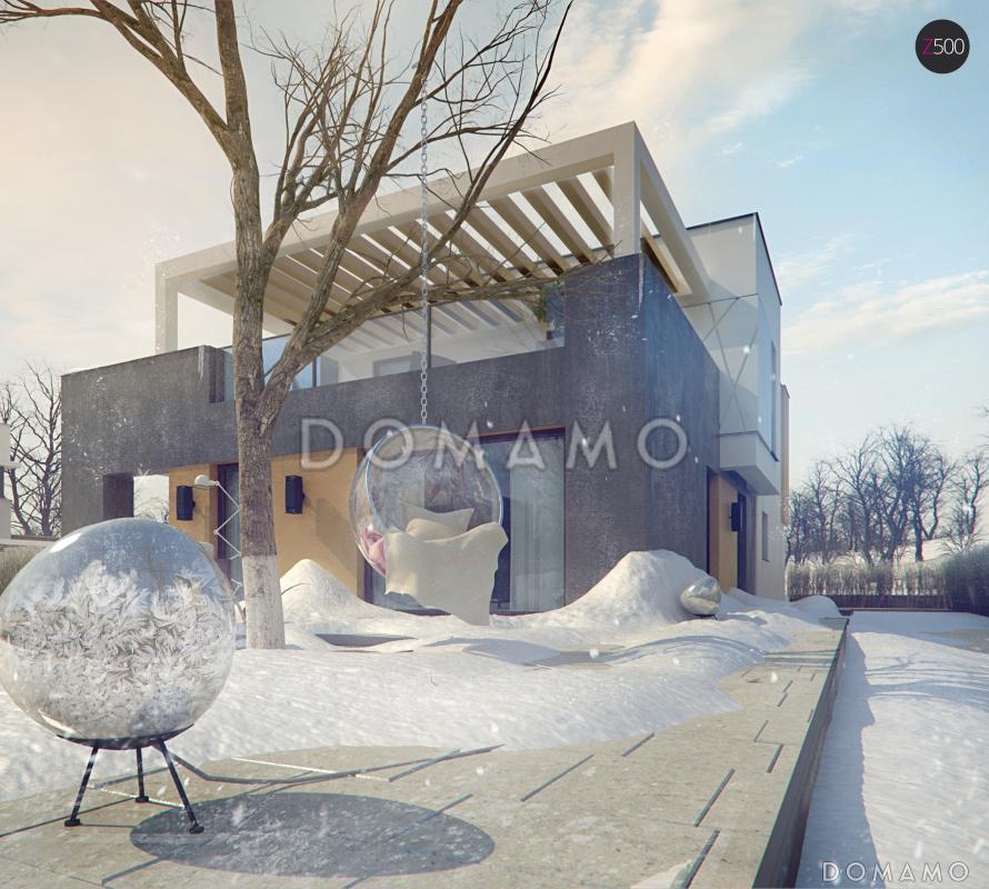 Проект современного двухэтажного дома из кирпича в стиле модерн, с террасой на втором уровне и встроенным гаражом / 2