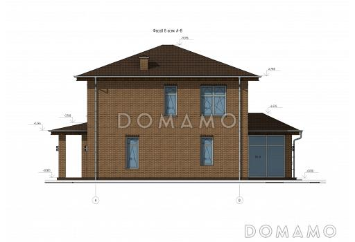 Проект двухэтажного дома с верандой, 4 спальнями, кухней-гостиной и местами для хранения / Фасад 4