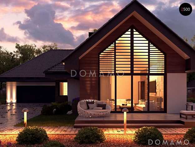 Проект загородного дома с гаражом на 2 машины и кладовой, просторной гостиной, кухней с угловым окном и кладовой, террасой