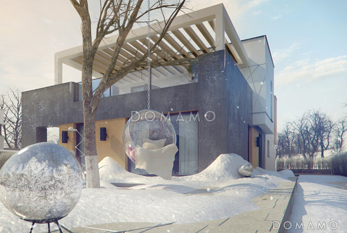 Проект современного двухэтажного дома из кирпича в стиле модерн, с террасой на втором уровне и встроенным гаражом Проект современного двухэтажного дома из кирпича в стиле модерн, с террасой на втором уровне и встроенным гаражом