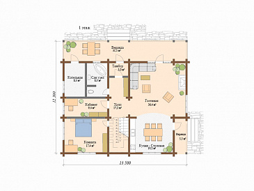 Проект деревянного дома с двухуровневой крышей / План 1 этажа