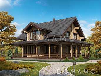Проект двухэтажного дома из бруса с масштабной крытой террасой Проект двухэтажного дома из бруса с масштабной крытой террасой
