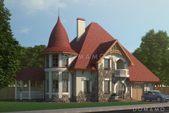 Проект яркого двухэтажного дома с башней, крытой террасой и гаражом