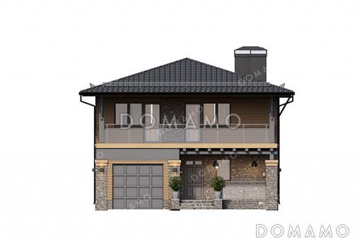 Проект двухэтажного дома с гаражом, 4 спальнями, широким балконом и большим крыльцом / Фасад 2