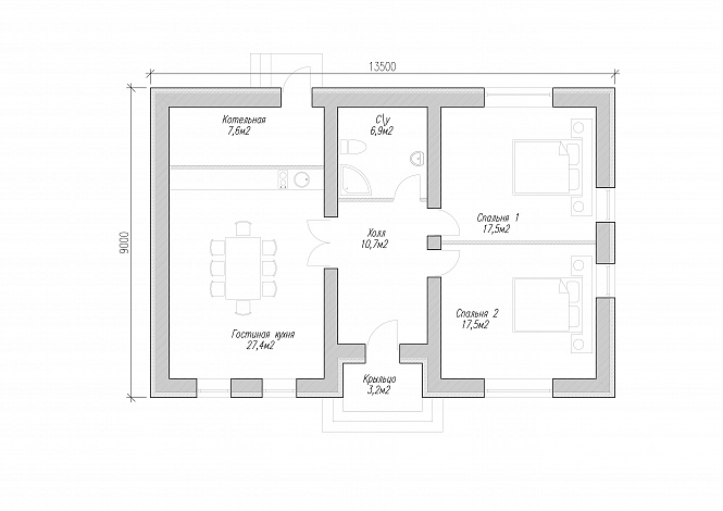 Одноэтажный дом из крупноформатного кирпича с двумя спальнями и большой кухней-гостиной / План 1 этажа