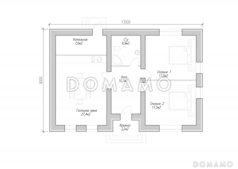 Одноэтажный дом из крупноформатного кирпича с двумя спальнями и большой кухней-гостиной / План 1 этажа