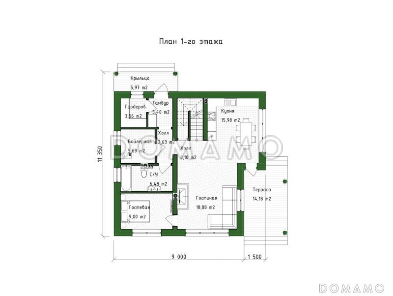 Проект двухэтажного дома из газобетона с окнами в пол и вторым светом / План 1 этажа