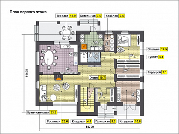 Проект дома с крытой террасой, гостиной с камином, большой кладовой, спальней на первом этаже, вторым светом, остекленной лоджией и балконом / План 1 этажа Проект дома с крытой террасой, гостиной с камином, большой кладовой, спальней на первом этаже, вторым светом, остекленной лоджией и балконом / План 1 этажа