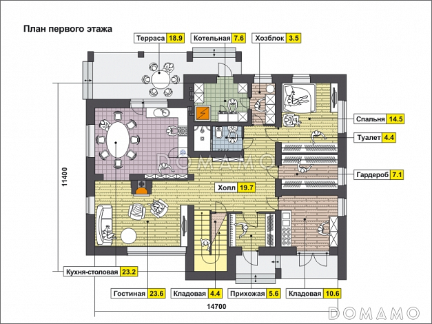 Проект дома с крытой террасой, гостиной с камином, большой кладовой, спальней на первом этаже, вторым светом, остекленной лоджией и балконом / План 1 этажа Проект дома с крытой террасой, гостиной с камином, большой кладовой, спальней на первом этаже, вторым светом, остекленной лоджией и балконом / План 1 этажа