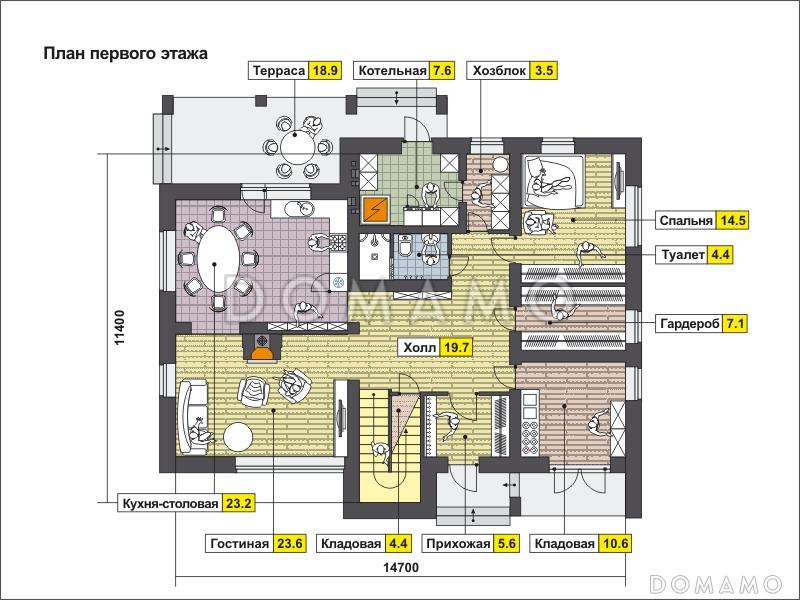 Проект дома с крытой террасой, гостиной с камином, большой кладовой, спальней на первом этаже, вторым светом, остекленной лоджией и балконом / План 1 этажа