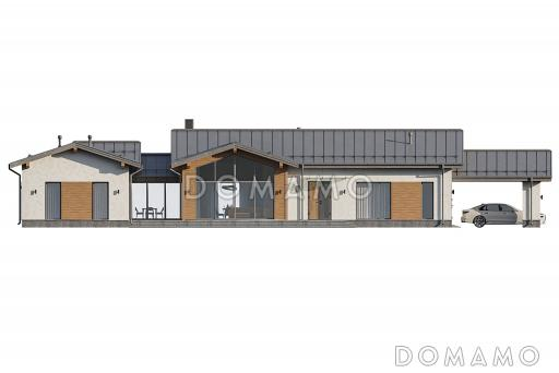 Проект одноэтажного каркасного дома Г-образной формы с навесом для автомобилей, сауной и верандой / Фасад 1