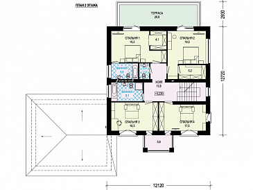 Проект дома с гаражом на две машины, сауной, спальнями на втором этаже с выходом на террасу / План 2 этажа Проект дома с гаражом на две машины, сауной, спальнями на втором этаже с выходом на террасу / План 2 этажа