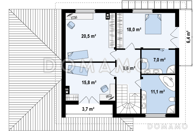 Проект двухэтажного дома из газобетона с эркером и балконом над ним, с тремя спальнями, кабинетом и гаражом / План 2 этажа