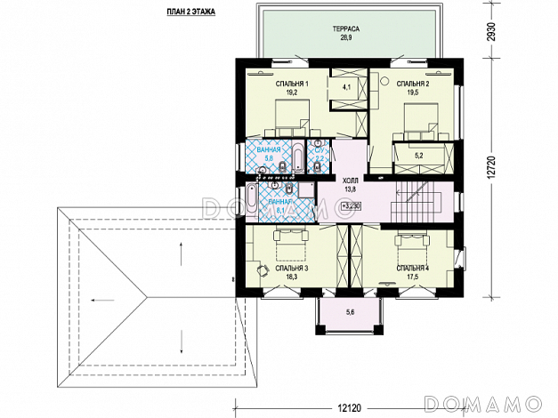 Проект дома с гаражом на две машины, сауной, спальнями на втором этаже с выходом на террасу / План 2 этажа Проект дома с гаражом на две машины, сауной, спальнями на втором этаже с выходом на террасу / План 2 этажа