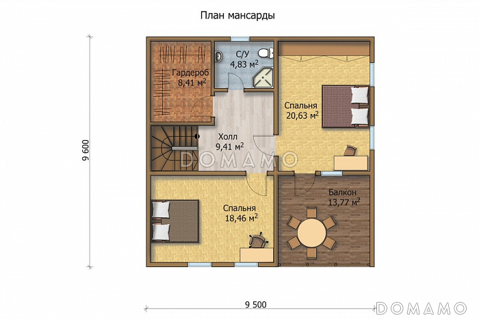 Проект дома из клееного профилированного бруса сечением 180х200 мм / План мансардного этажа Проект дома из клееного профилированного бруса сечением 180х200 мм / План мансардного этажа