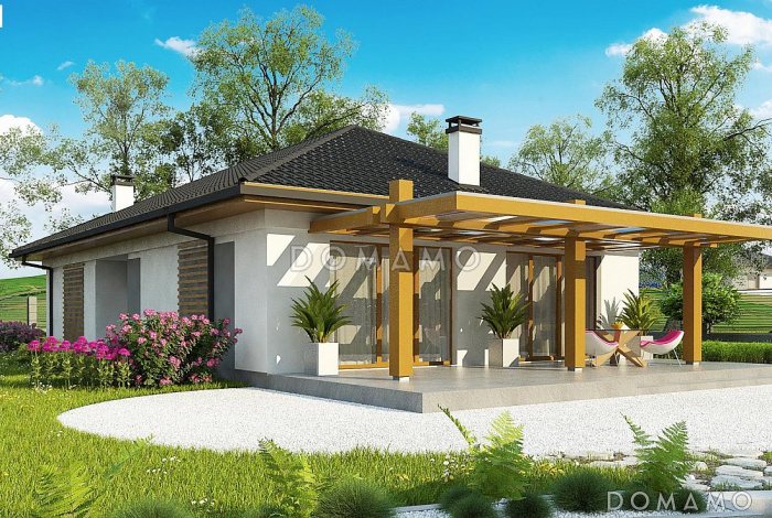 Проект одноэтажного дома из кирпича с тремя спальнями и крытой террасой