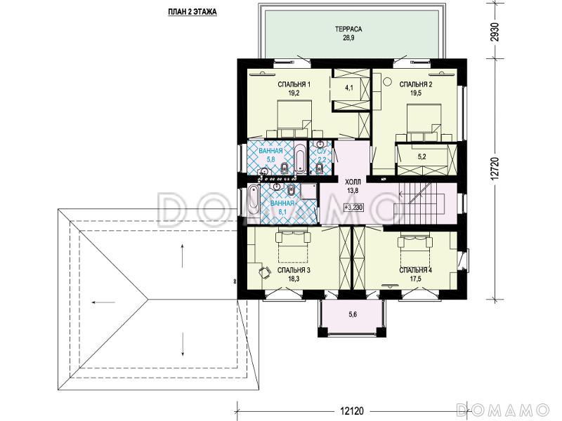 Проект дома с гаражом на две машины, сауной, спальнями на втором этаже с выходом на террасу / План 2 этажа