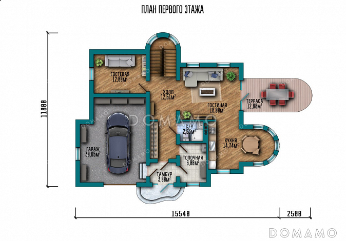 Проект дома с эркером и террасой в стиле замка / План 1 этажа