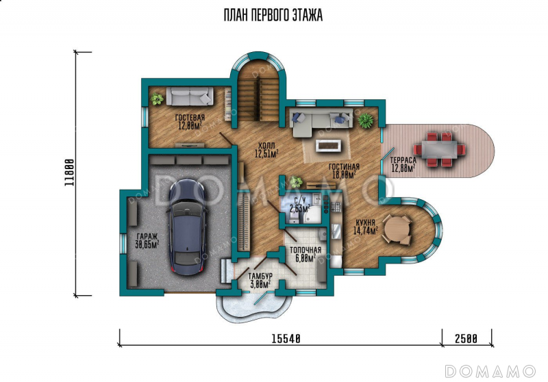 Проект дома с эркером и террасой в стиле замка / План 1 этажа