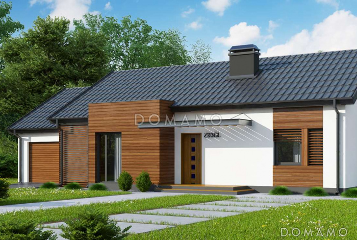 Проект одноэтажного дома из кирпича с современными фасадами, эркерами и гаражом