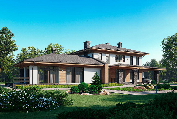 Проект особняка с 4 спальнями, спа-зоной, кинотеатром, верандой, навесом для авто