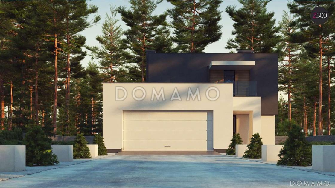 Проект современного двухэтажного дома из кирпича в стиле кубизм с пристроенным гаражом для двух автомобилей / 1