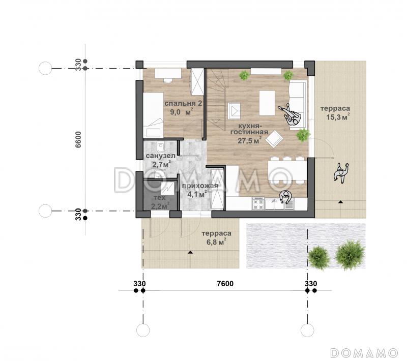 C-122 двухэтажный дом / План 1 этажа