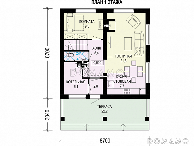 Проект загородного дома с комнатой на первом этаже, санузлом под лестницей, террасой / План 1 этажа Проект загородного дома с комнатой на первом этаже, санузлом под лестницей, террасой / План 1 этажа