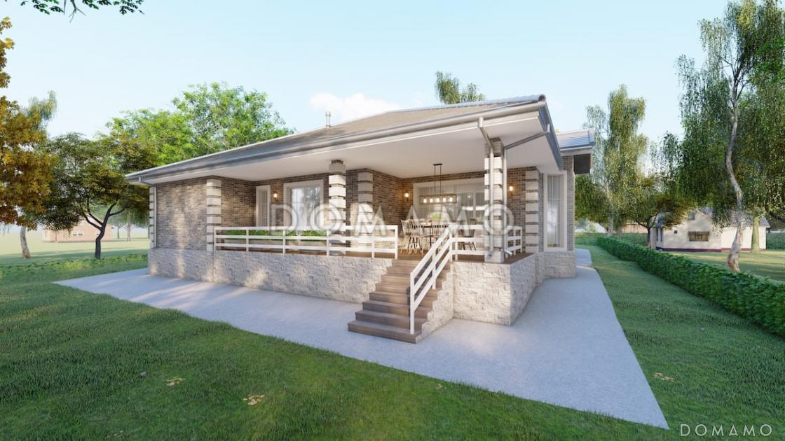 Проект одноэтажного кирпичного дома с 4 спальнями, террасой и столовой-гостиной / 4