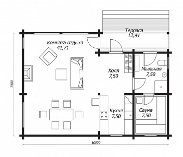 Проект бани из клееного бруса с просторной комнатой отдыха / План 1 этажа Проект бани из клееного бруса с просторной комнатой отдыха / План 1 этажа
