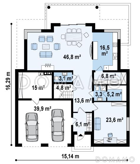 Проект просторного двухэтажного дома из кирпича с четырьмя спальнями, кабинетом, большим гаражом и тех помещением / План 1 этажа