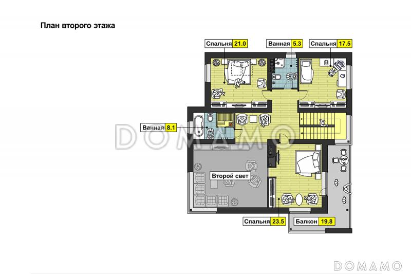Проект дома с гаражом и навесом для автомобилей, просторной гостиной, спальней на первом этаже, террасой, вторым светом, длинным балконом / План мансардного этажа