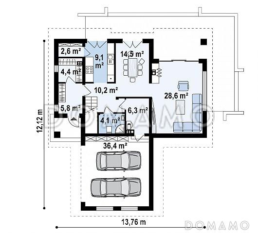 Проект комфортного одноэтажного мансардного дома из газобетона с гаражом для двух автомобилей / План 1 этажа