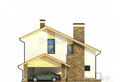 Проект уютного загородного дома с парной в цокольном этаже, навесом для машины, тремя спальнями на мансардном этаже / Фасад 3