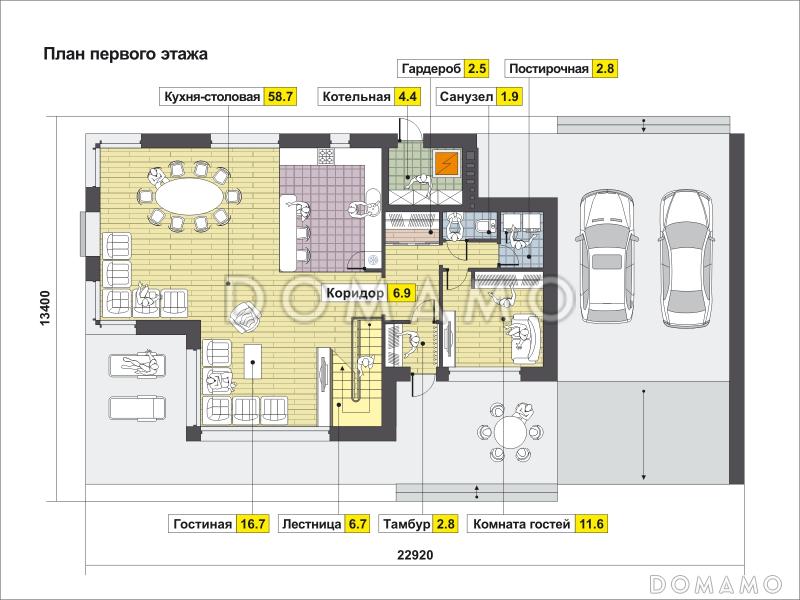 Проект современного дома с навесом на два автомобиля, большой террасой с барбекю, вторым светом, сауной / План 1 этажа