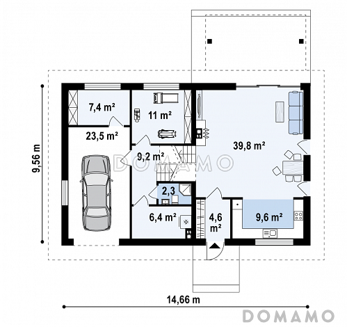 Проект аккуратного одноэтажного дома из кирпича с подземным гаражом и тренажёрным залом в подвальном помещении / План 1 этажа