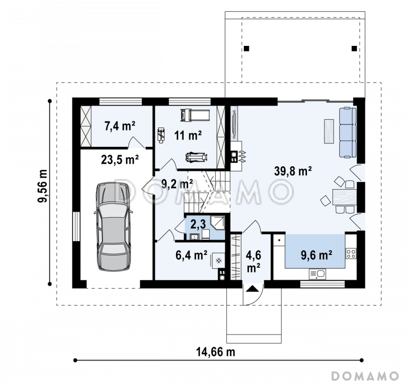 Проект аккуратного одноэтажного дома из кирпича с подземным гаражом и тренажёрным залом в подвальном помещении / План 1 этажа