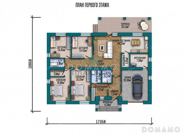 Проект одноэтажного дома с гаражом и большой террасой / План 1 этажа