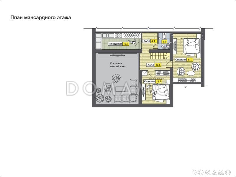 Проект дома со вторым светом, большой крытой террасой, сауной, спальными комнатами на первом и мансардном этажах   / План мансардного этажа