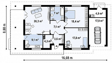 Проект компактного одноэтажного дома из кирпича с двумя спальнями и боковой террасой и пристроенным гаражом / План 1 этажа