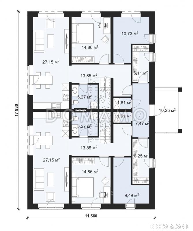 Проект эргономичного дуплекса с 8 спальнями на две семьи S-318 / План 1 этажа