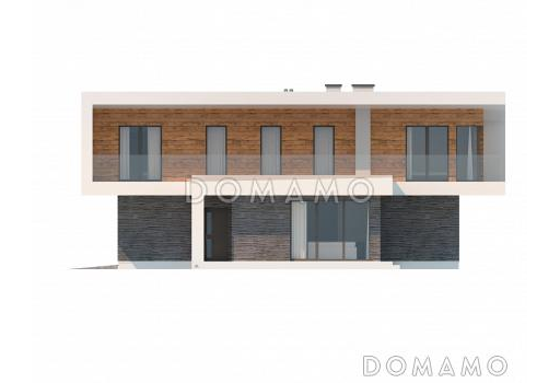 Проект современного двухэтажного дома из кирпича с плоской крышей, четырьмя комнатами и одноместным гаражом / Фасад 3