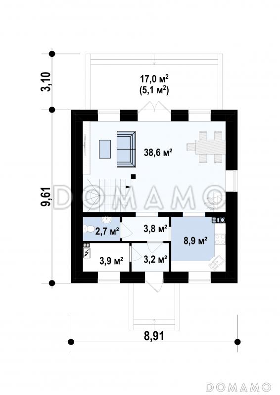 Проект дома с отделкой кирпичом, камином в гостиной, изолированной кухней, открытой террасой / План 1 этажа