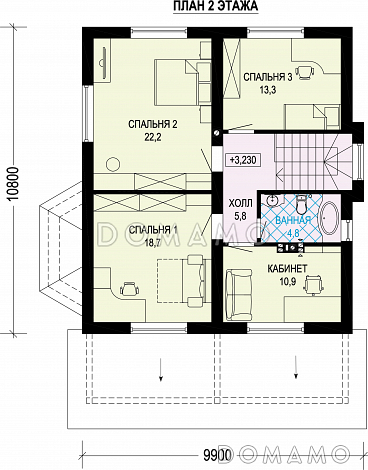 Проект двухэтажного газобетонного дома с эркером и крытой террасой на входе / План 2 этажа